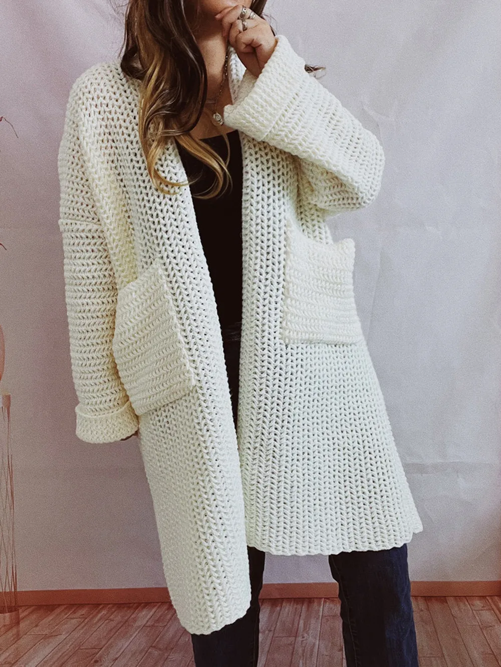 Open Front Long Sleeve Cardigan with Pockets, image 14