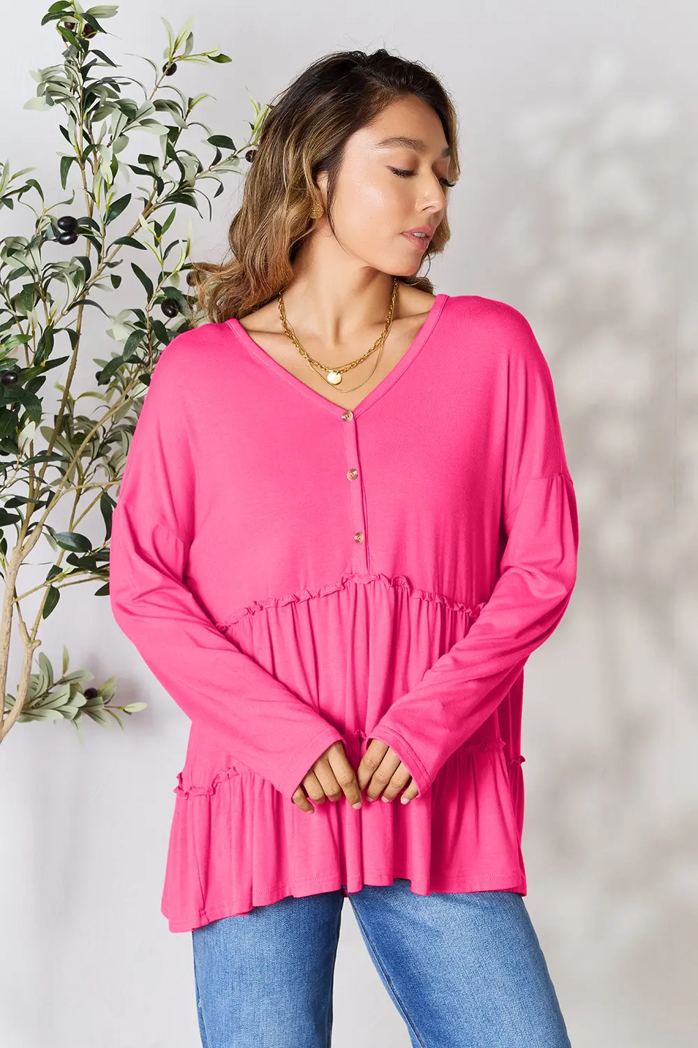 Half Button Long Sleeve Ruffle Hem Blouse, image 26