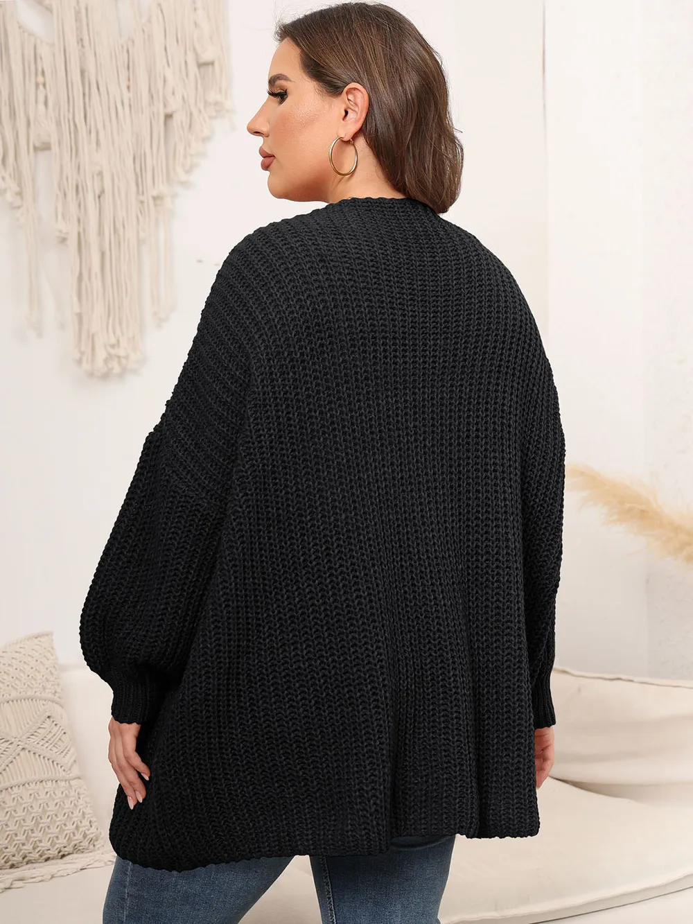 Plus Size Open Front Dropped Shoulder Knit Cardigan, image 2
