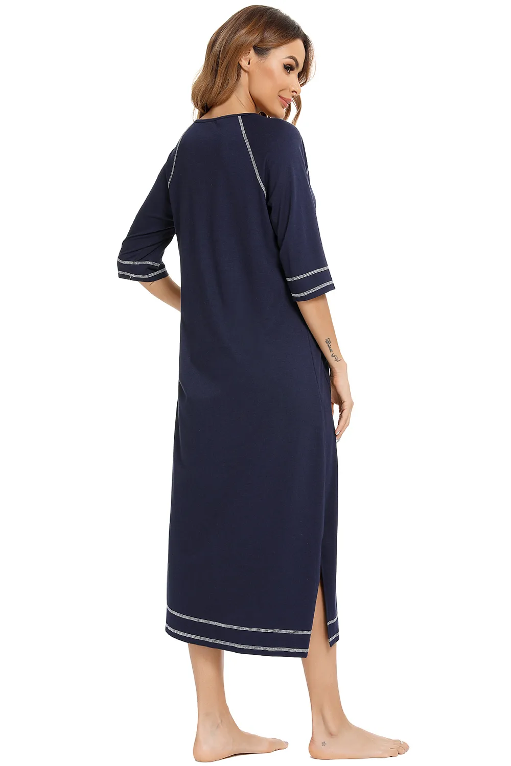 Zip Up Slit Round Neck Night Dress with Pockets, image 3