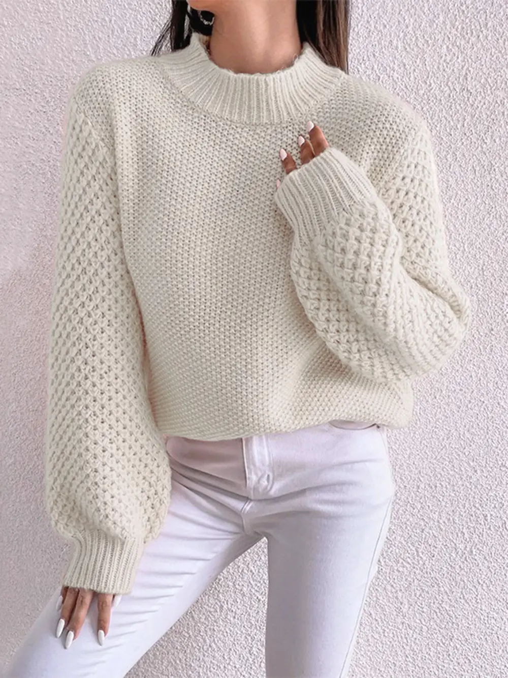 Openwork Mock Neck Long Sleeve Sweater, image 10