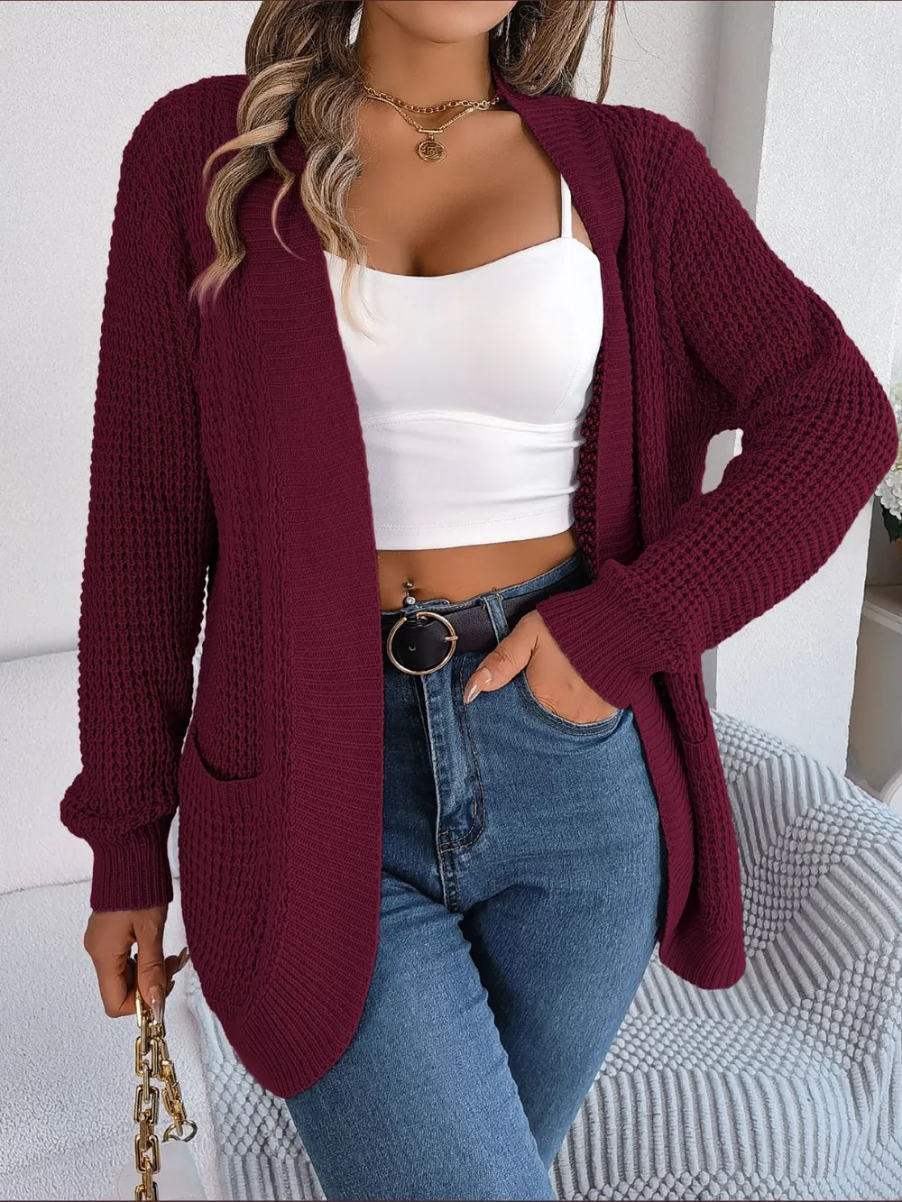 Open Front Long Sleeve Cardigan with Pockets, image 2