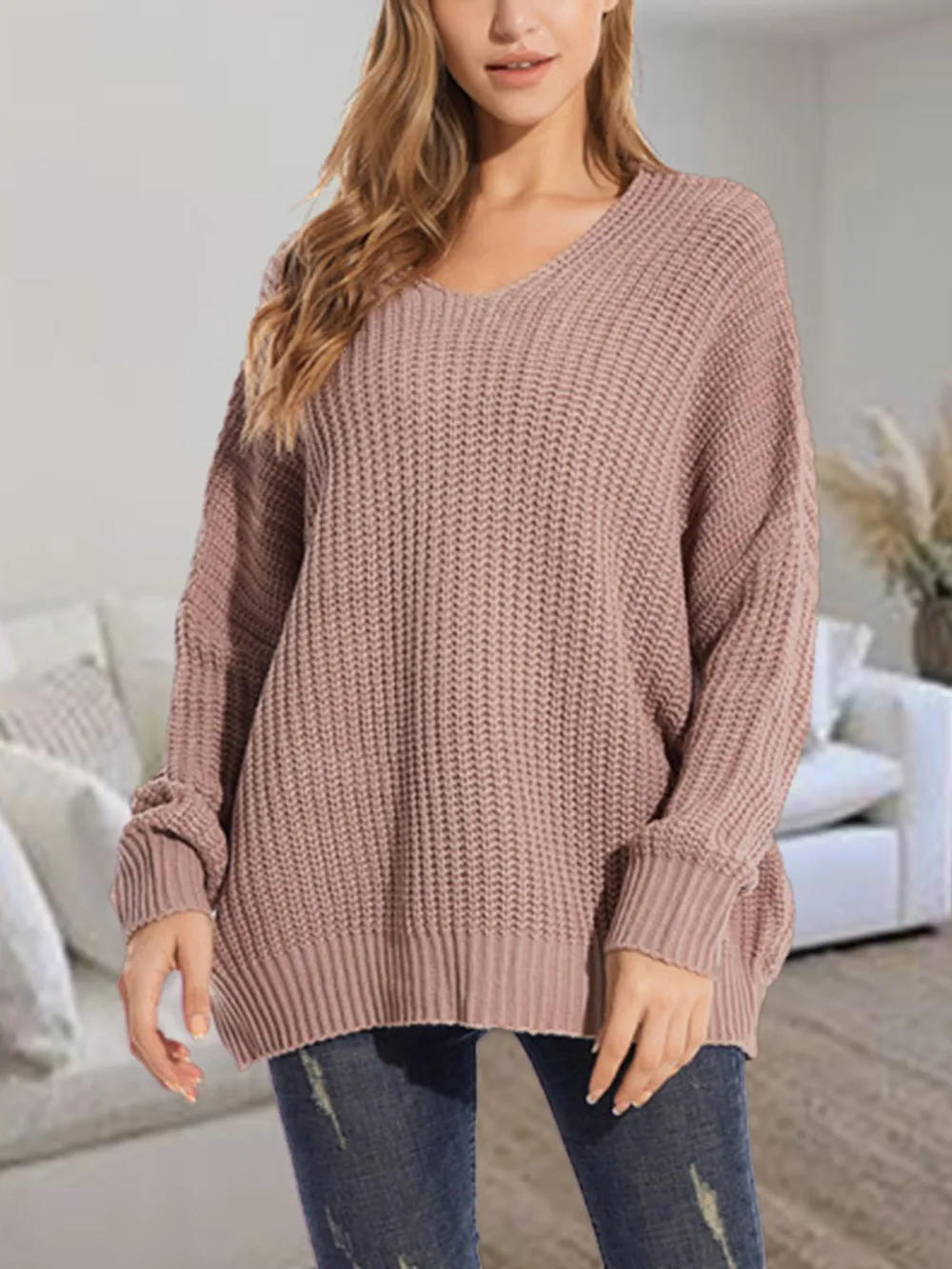 V-Neck Batwing Dropped Shoulder Sweater, image 2