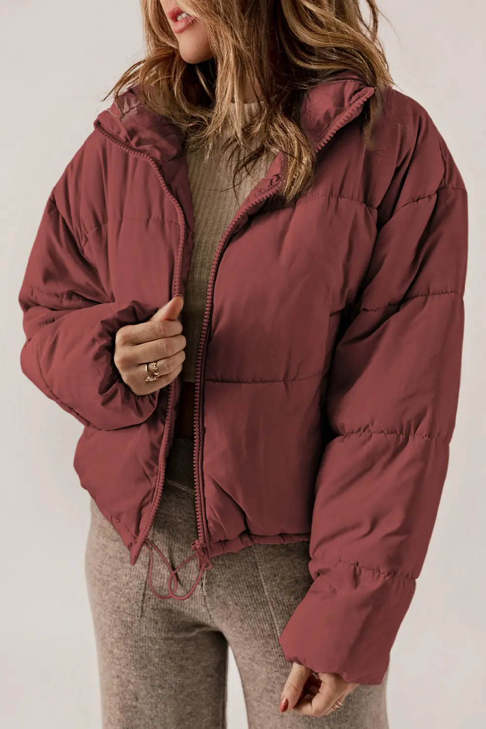 Zip Up Collared Neck Long Sleeve Winter Coat, image 10