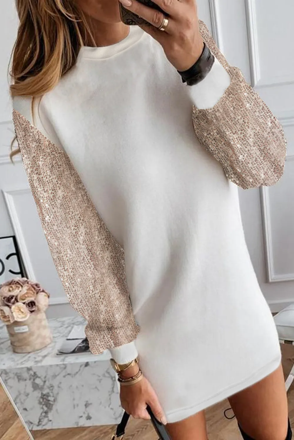 Sequin Long Sleeve Round Neck Mini Dress, image 3