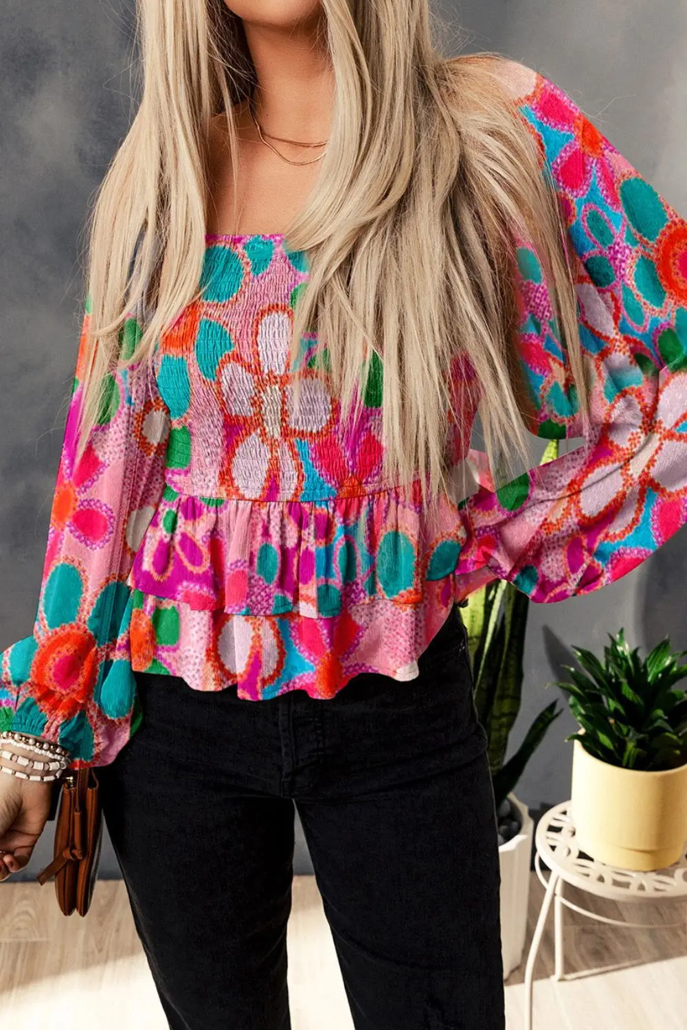 Floral Smocked Ruffled Balloon Sleeve Blouse, image 4