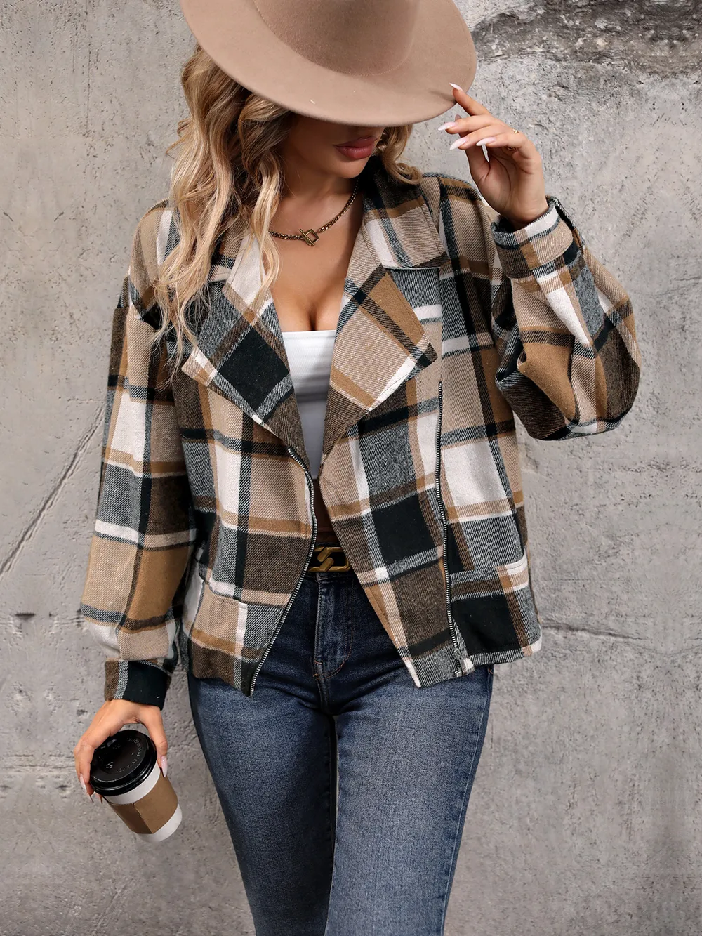 Plaid Collared Neck Long Sleeve Jacket, image 4