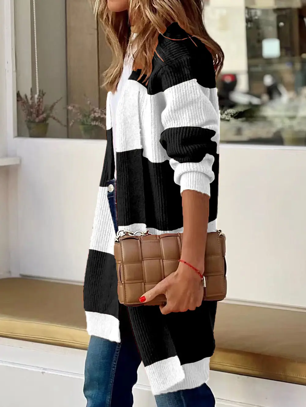 Contrast Open Front Long Sleeve Cardigan, image 3