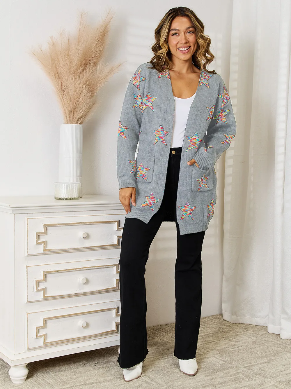 Star Pattern Open Front Cardigan with Pockets, image 9