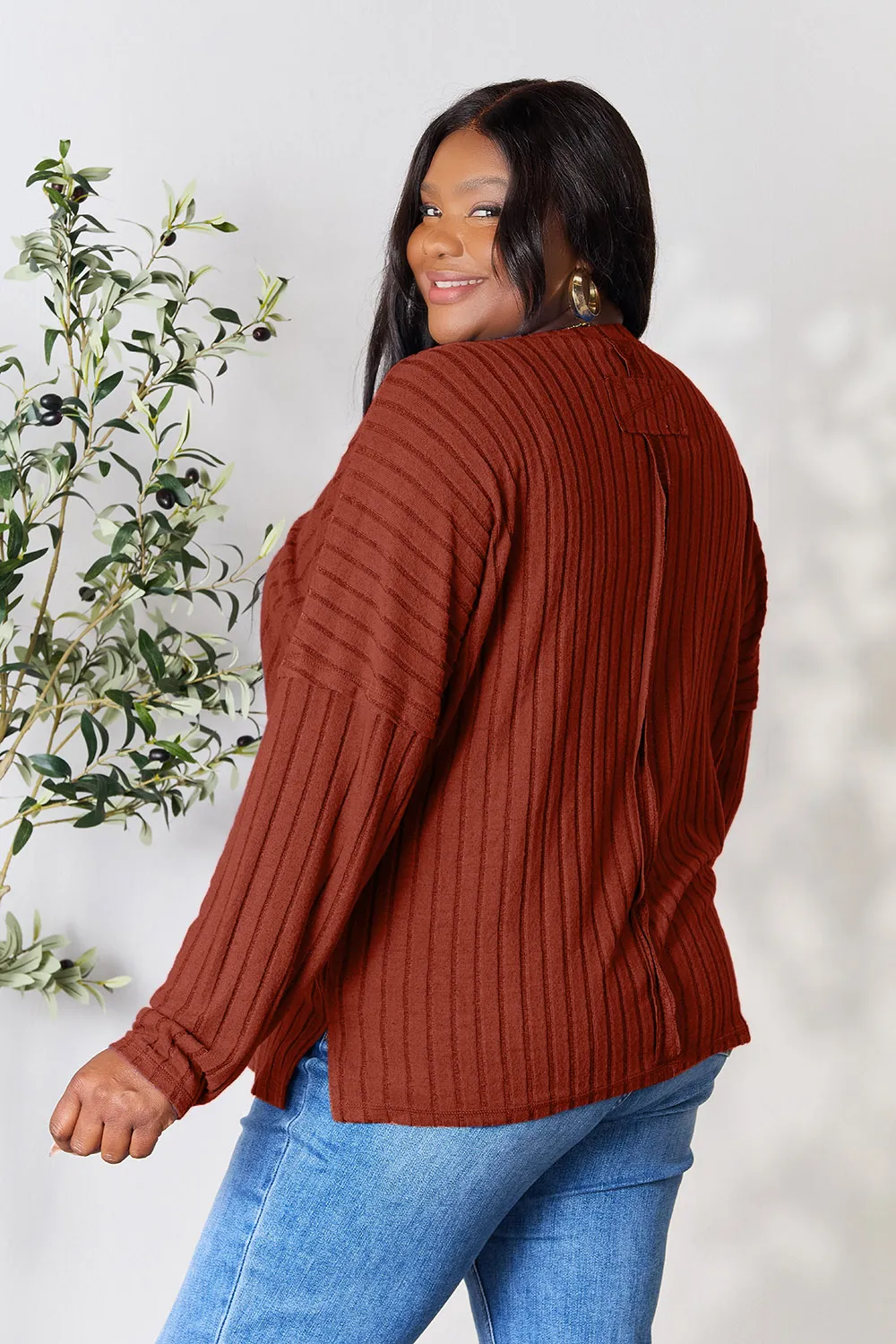 Full Size Ribbed Round Neck Slit Knit Top, image 27