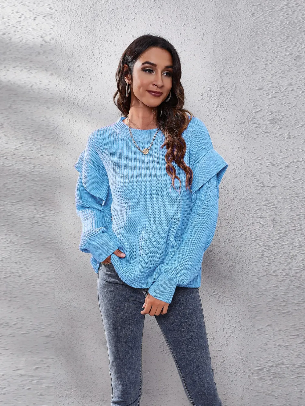 Ruffled Round Neck Dropped Shoulder Sweater, image 6