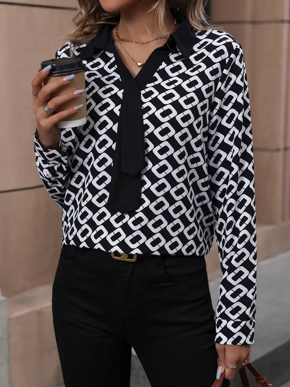 Printed Collared Neck Long Sleeve Shirt, image 4