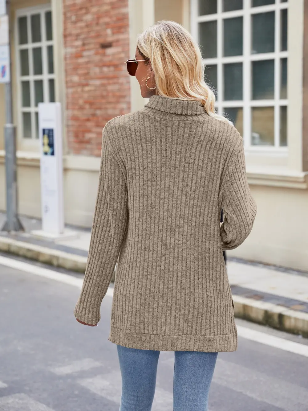 Ribbed Turtleneck Long Sleeve Slit Knit Top, image 19