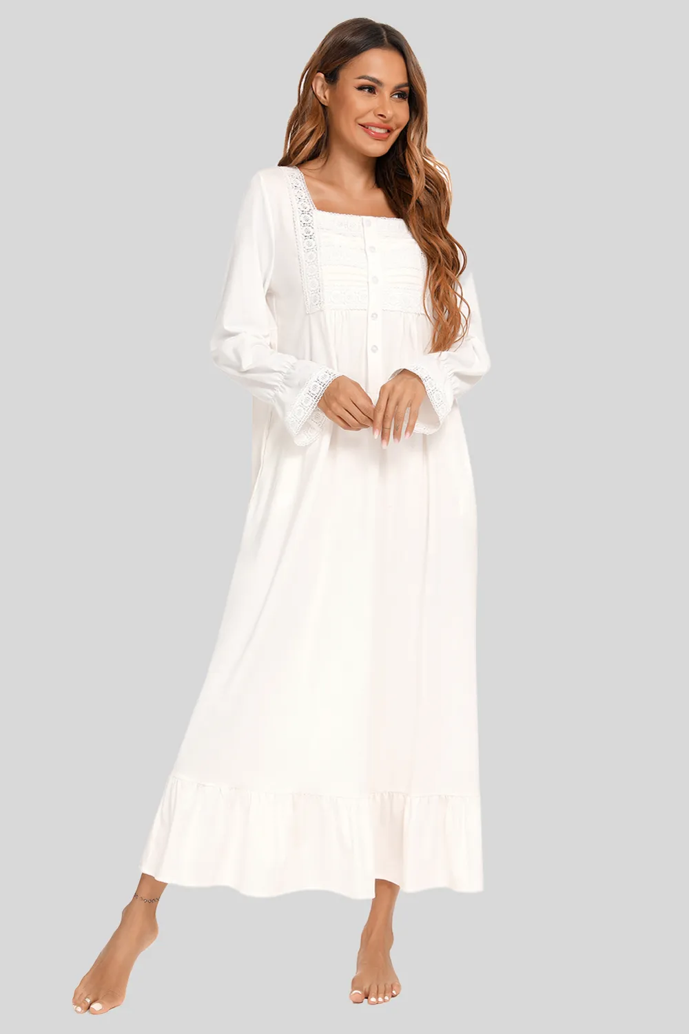 Lace Detail Square Neck Flounce Sleeve Night Dress, image 7