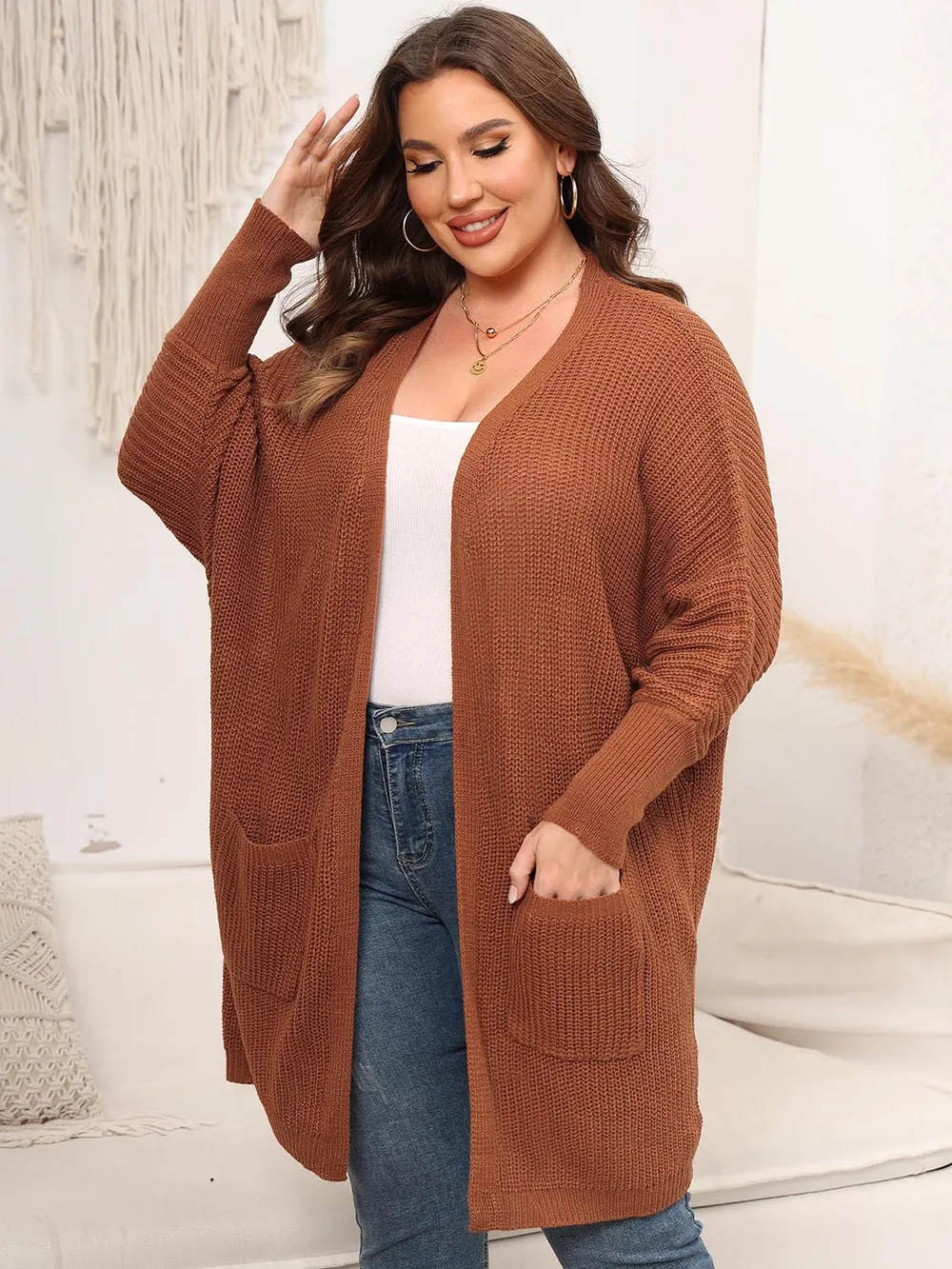 Plus Size Open Front Cardigan With Pockets, image 7