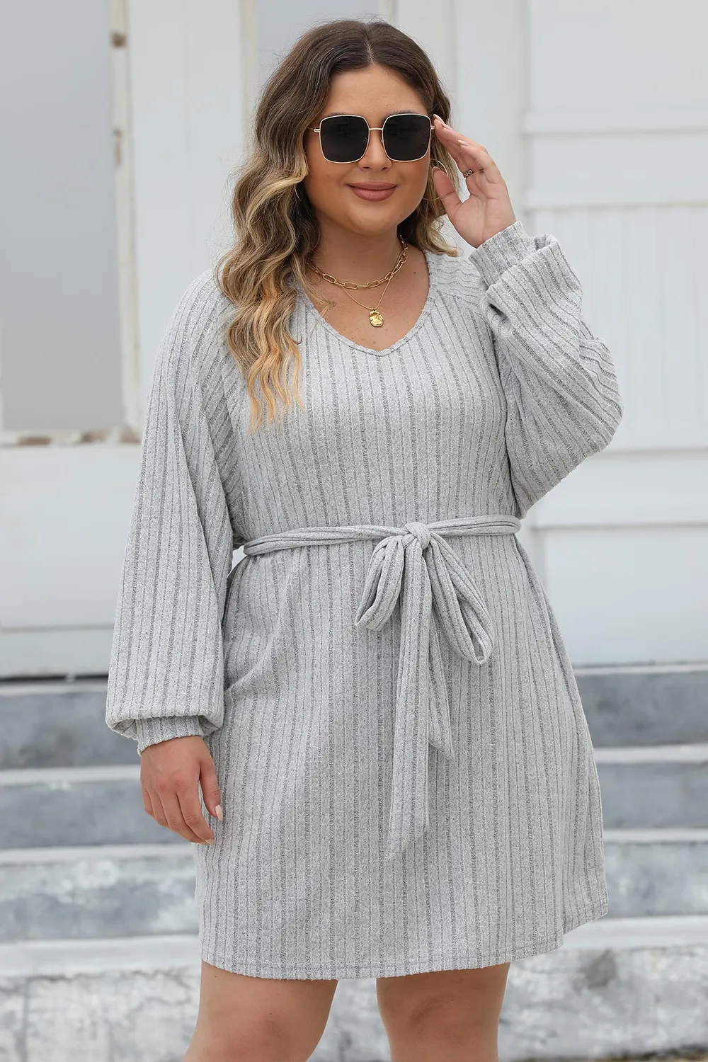Plus Size Ribbed Tie Front Long Sleeve Sweater Dress, image 11