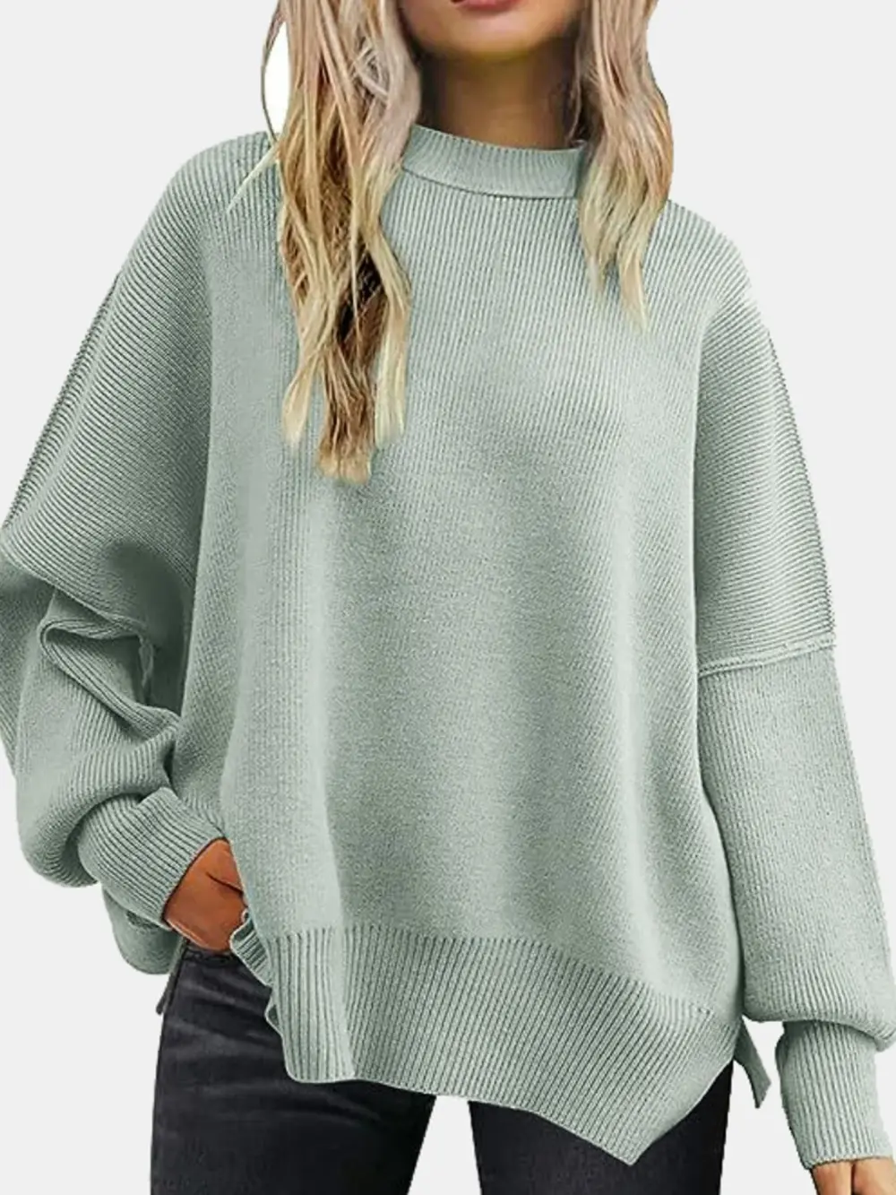 Round Neck Drop Shoulder Slit Sweater, image 2