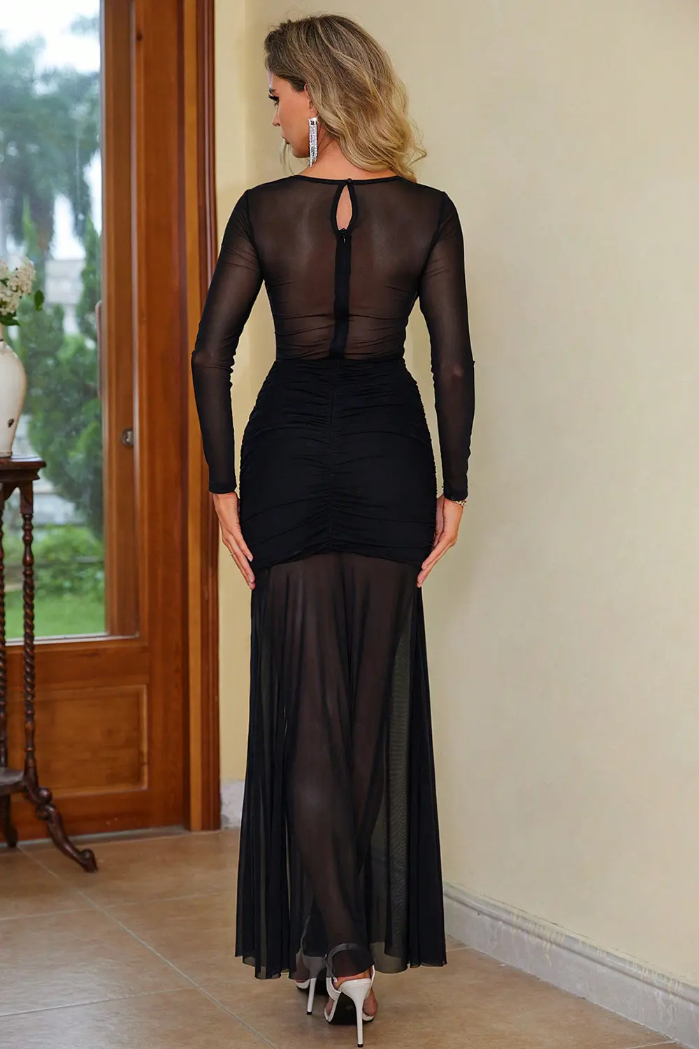 Semi-Sheer Slit Round Neck Dress, image 5