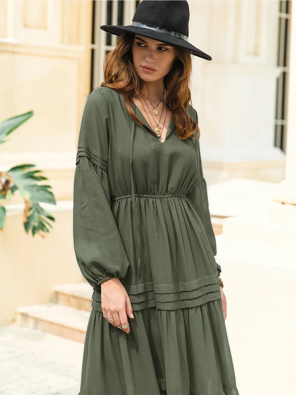 Tie Neck Long Sleeve Midi Tiered Dress, image 22
