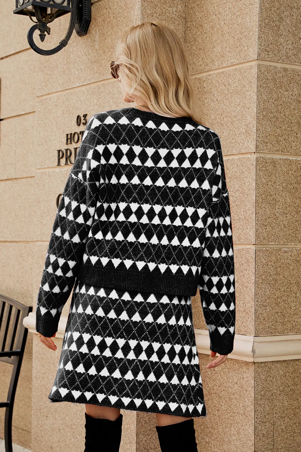 Geometric Button Front Cardigan and Skirt Set, image 7