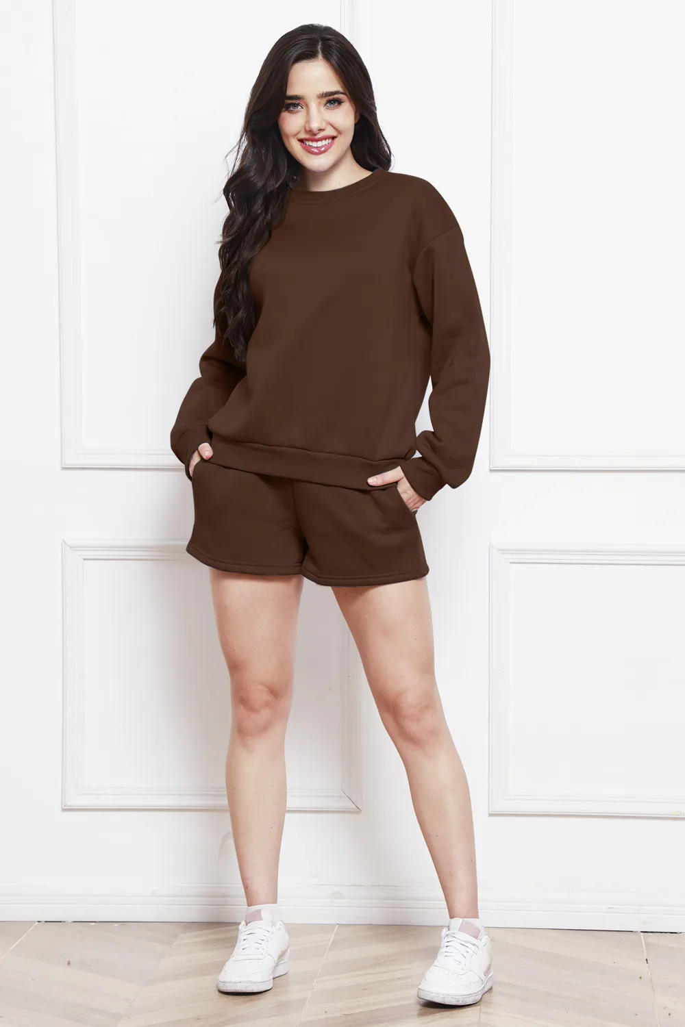 Round Neck Long Sleeve Sweatshirt and Drawstring Shorts Set, image 2