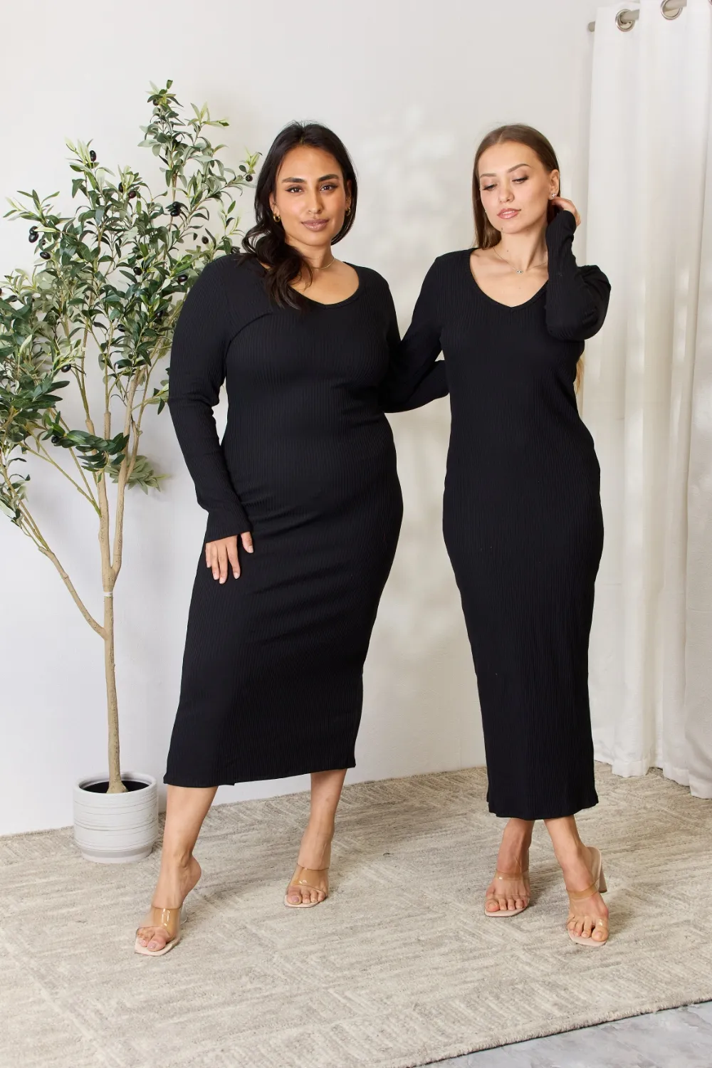 Full Size Ribbed Long Sleeve Midi Slit Dress, image 12