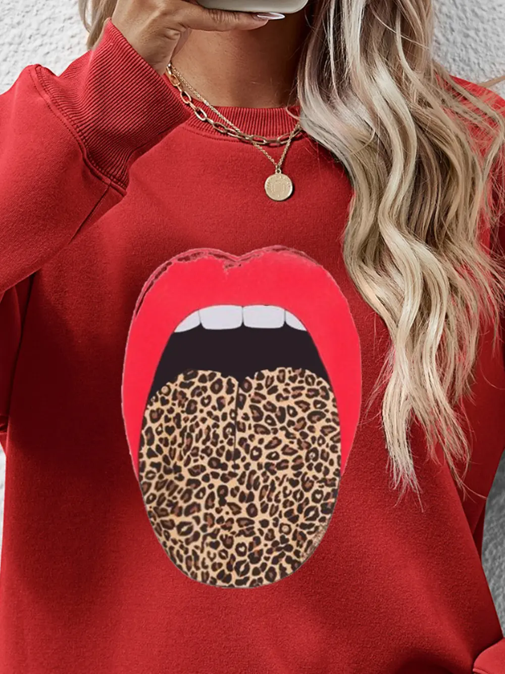 Leopard Lip Graphic Round Neck Sweatshirt, image 6