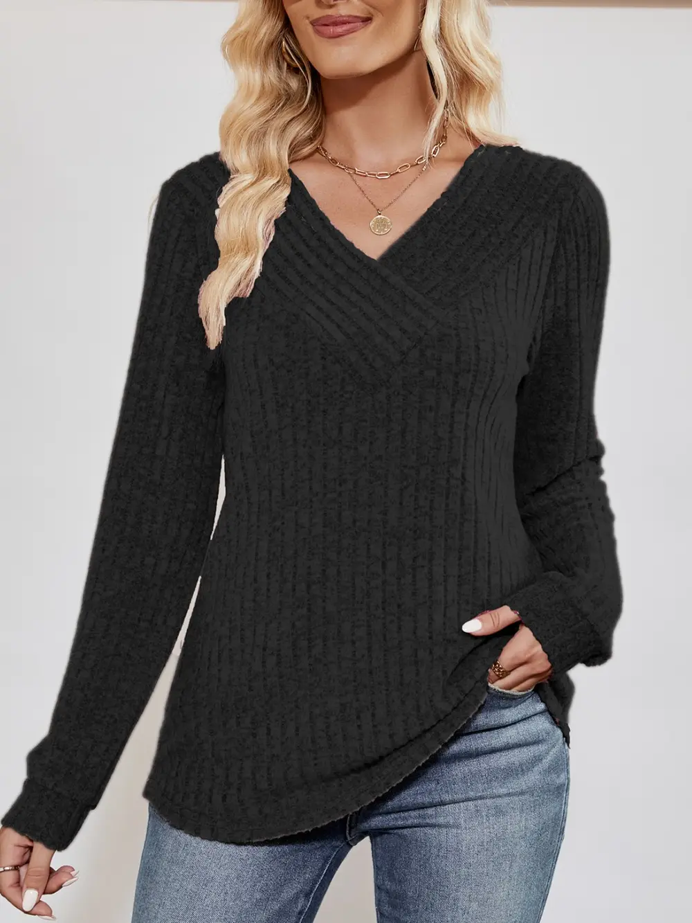 V-Neck Ribbed Long Sleeve Top, image 12