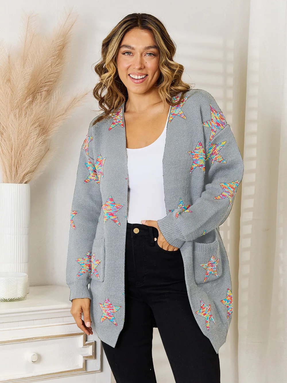 Star Pattern Open Front Cardigan with Pockets, image 7