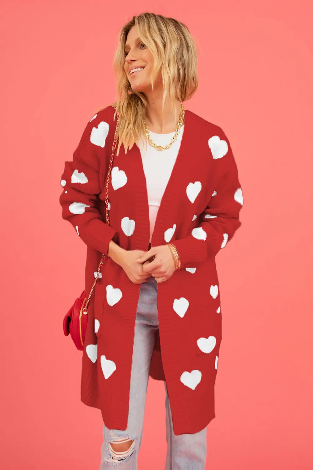 Heart Graphic Open Front Cardigan with Pockets, image 8