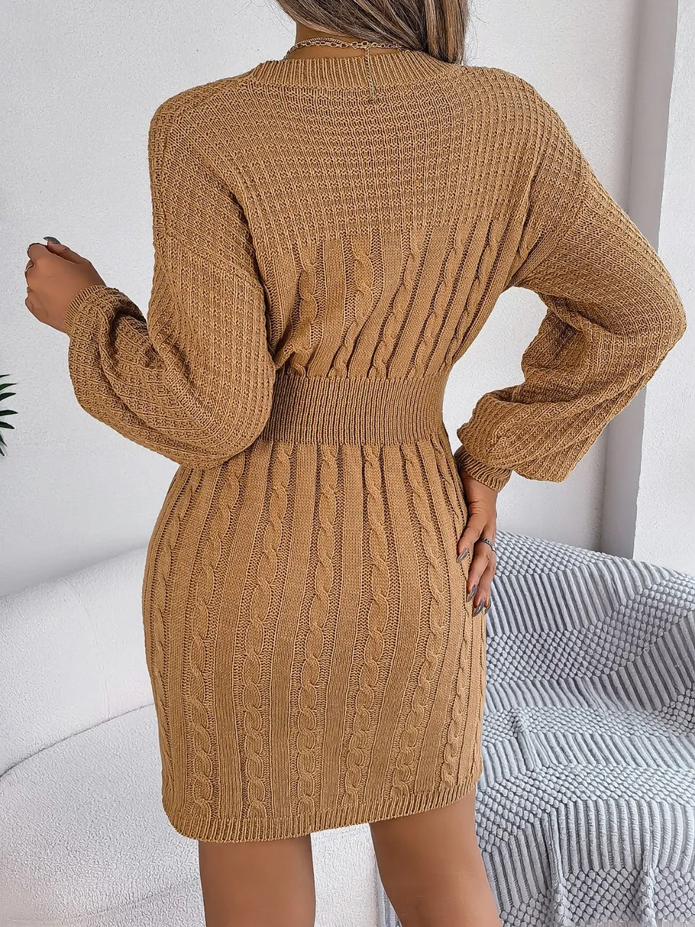 Cable-Knit Cutout Round Neck Slit Sweater Dress, image 12