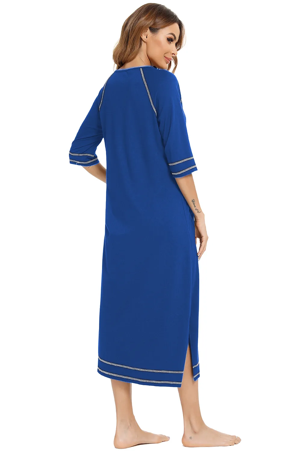 Zip Up Slit Round Neck Night Dress with Pockets, image 19