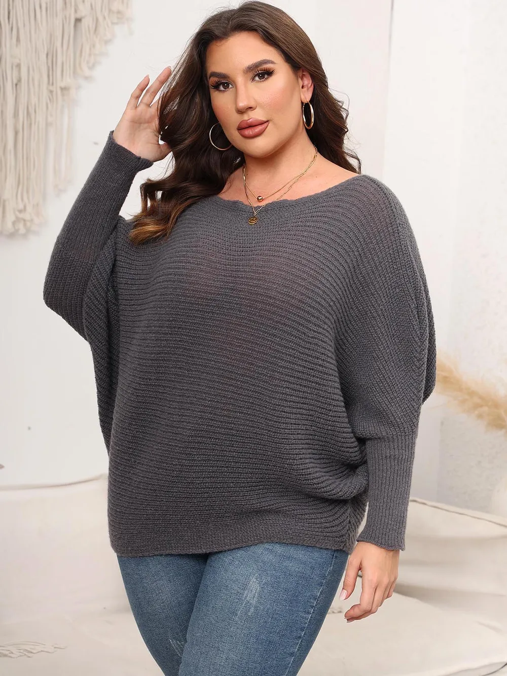 Full Size Boat Neck Batwing Sleeve Sweater, image 16