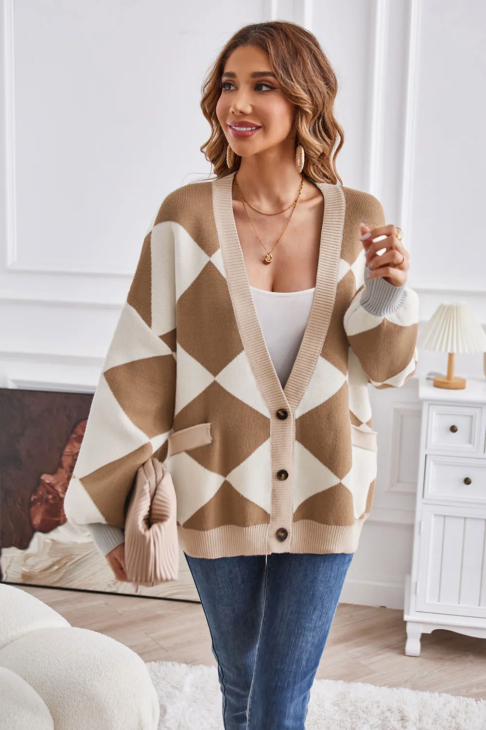 Geometric Lantern Sleeve Cardigan with Pockets, image 14
