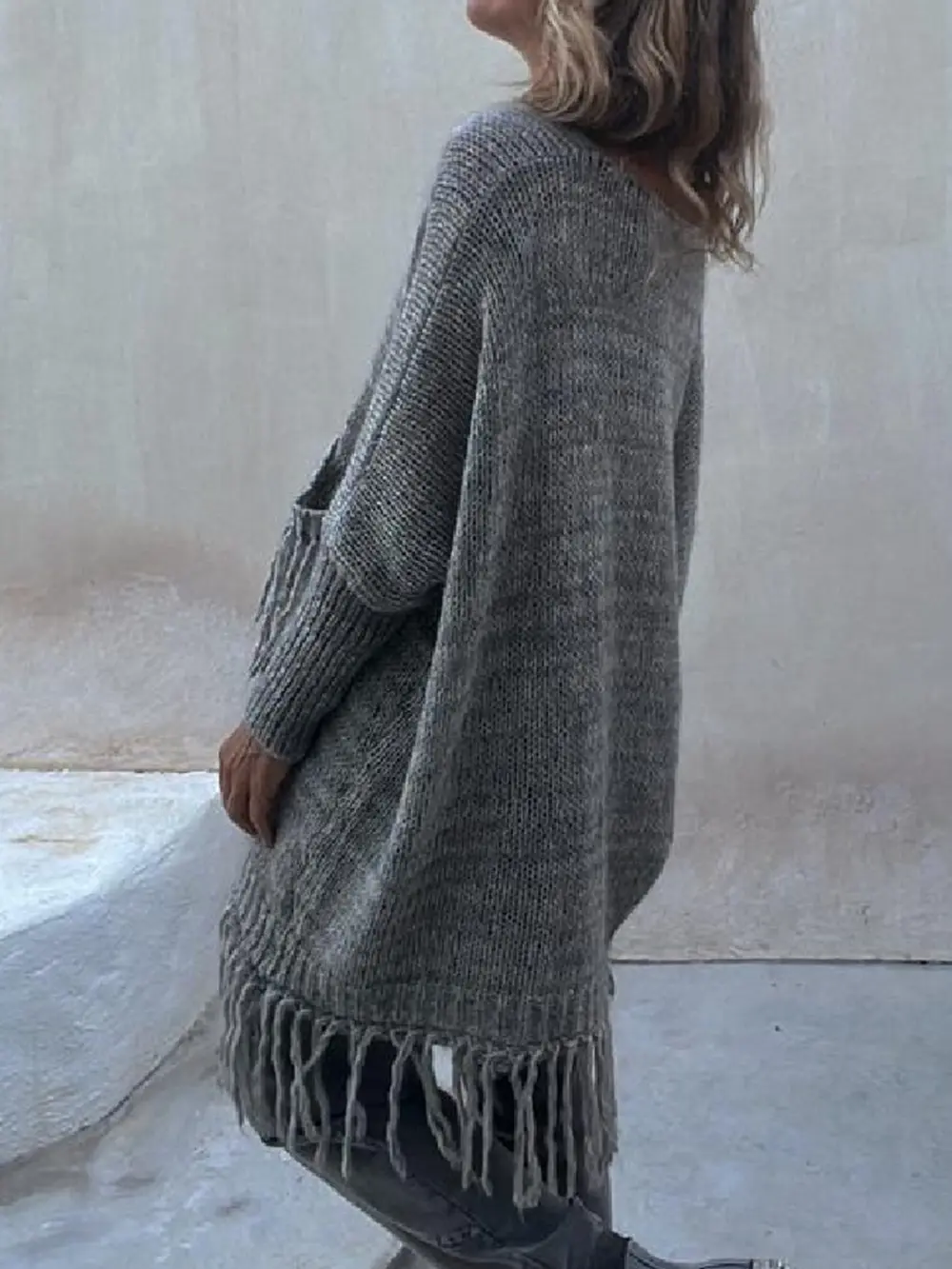 Fringe Detail Long Sleeve Sweater with Pockets, image 5