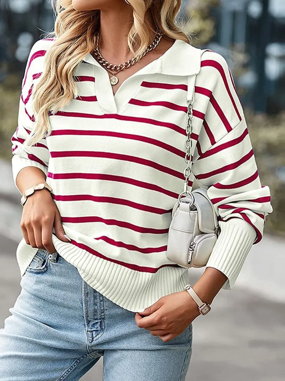 Striped Collared Neck Knit Top, image 2