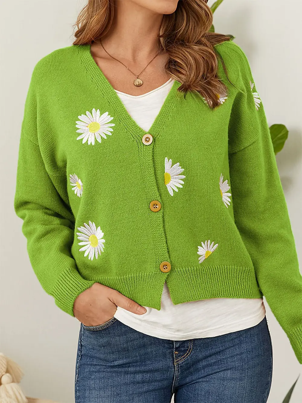 Flower Button Front Dropped Shoulder Cardigan, image 2