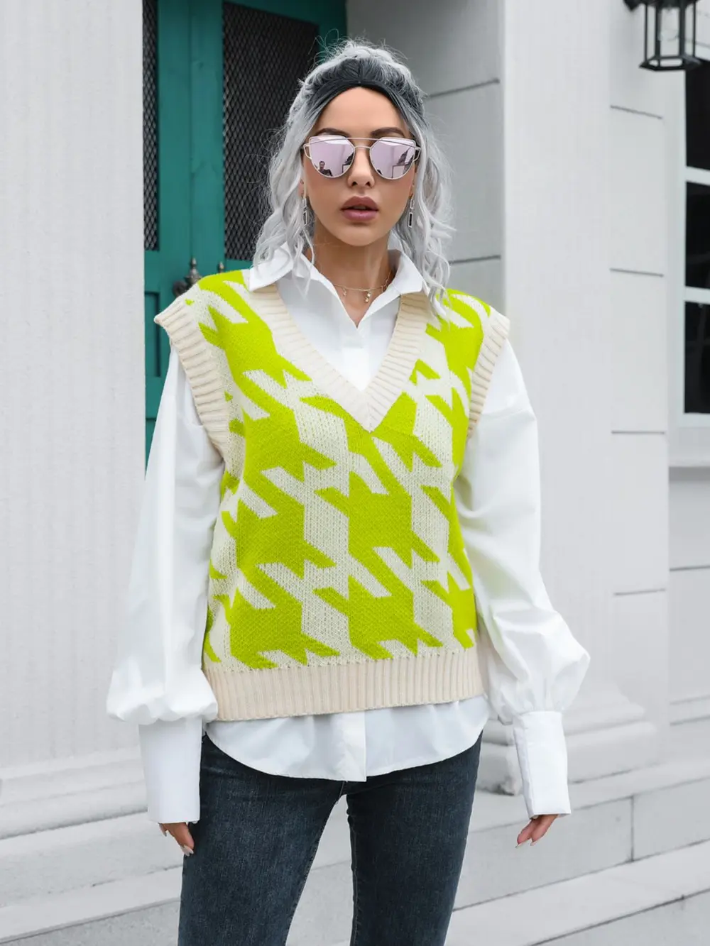 Houndstooth V-Neck Sweater Vest, image 7