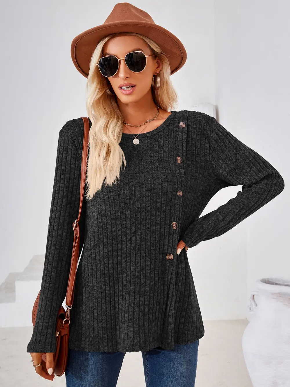 Ribbed Buttoned Round Neck Slit T-Shirt, image 11
