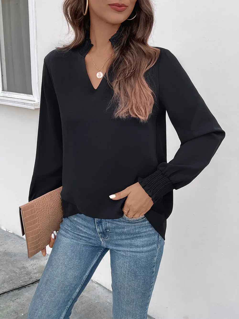 Smocked Notched Long Sleeve Blouse, image 4