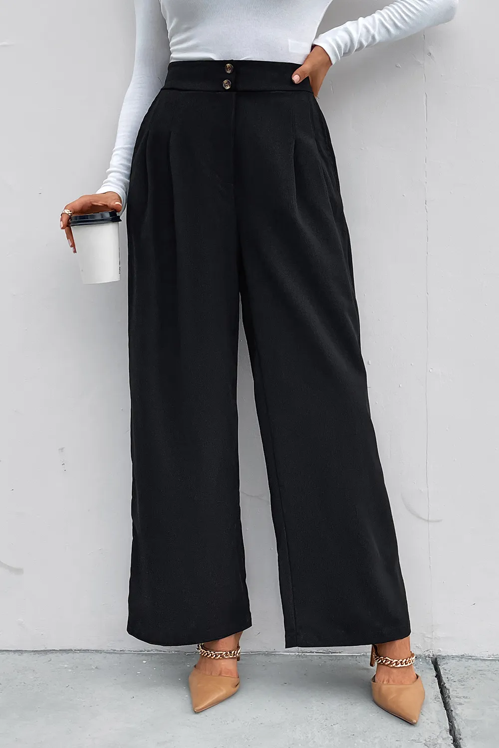 High Waist Ruched Pocketed Wide Leg Pants, image 3