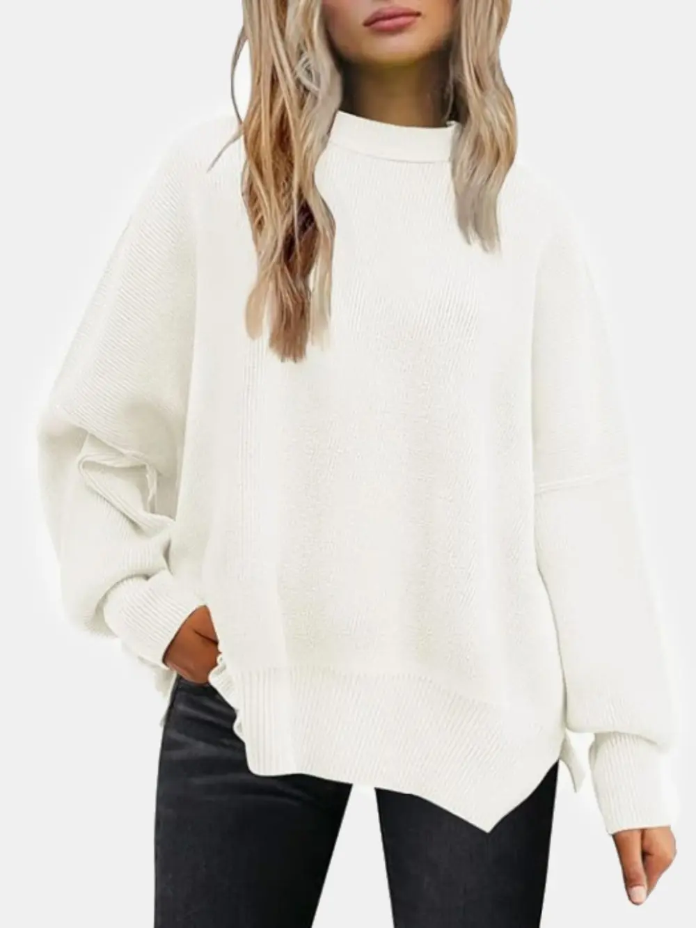 Round Neck Drop Shoulder Slit Sweater, image 12