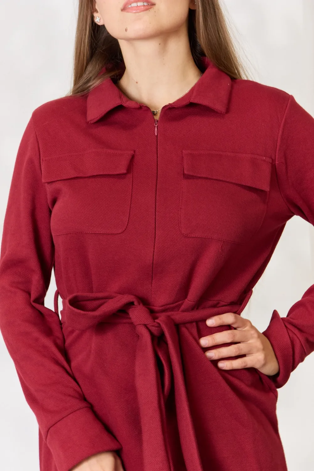 Full Size Tie Front Half Zip Long Sleeve Shirt Dress, image 12