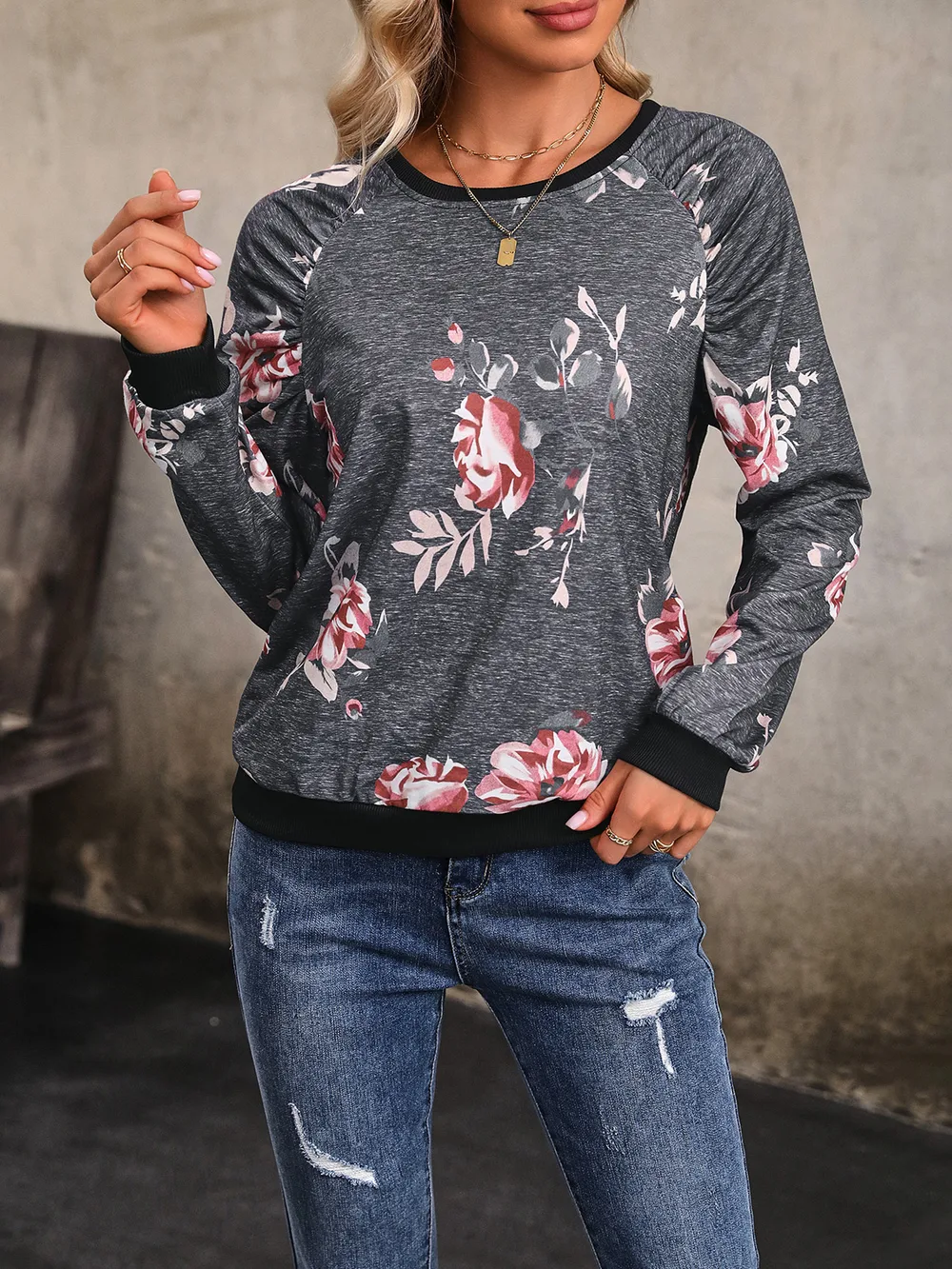 Floral Round Neck Raglan Sleeve Sweatshirt, image 5