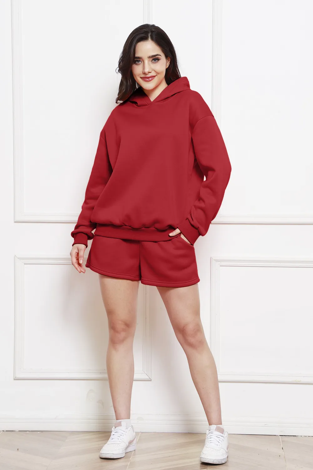 Drop Shoulder Long Sleeve Hoodie and Shorts Set, image 7