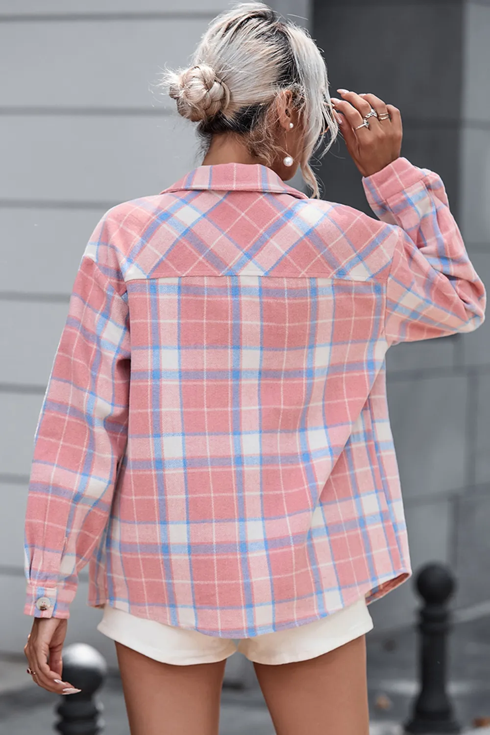 Plaid Pocketed Collared Neck Button Up Jacket, image 5