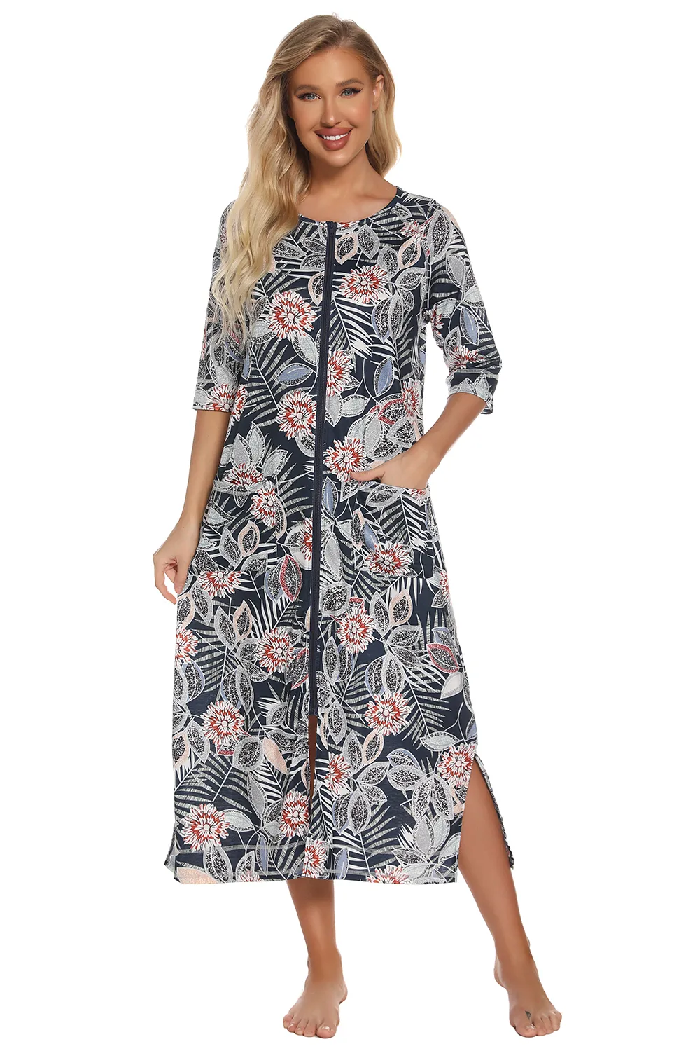 Printed Slit Night Dress with Pockets, image 12