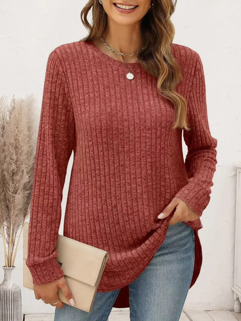 Ribbed Round Neck Long Sleeve T-Shirt, image 2