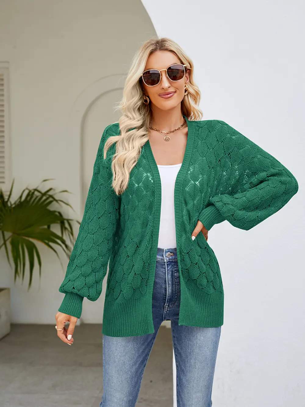 Openwork Open Front Lantern Sleeve Cardigan, image 8
