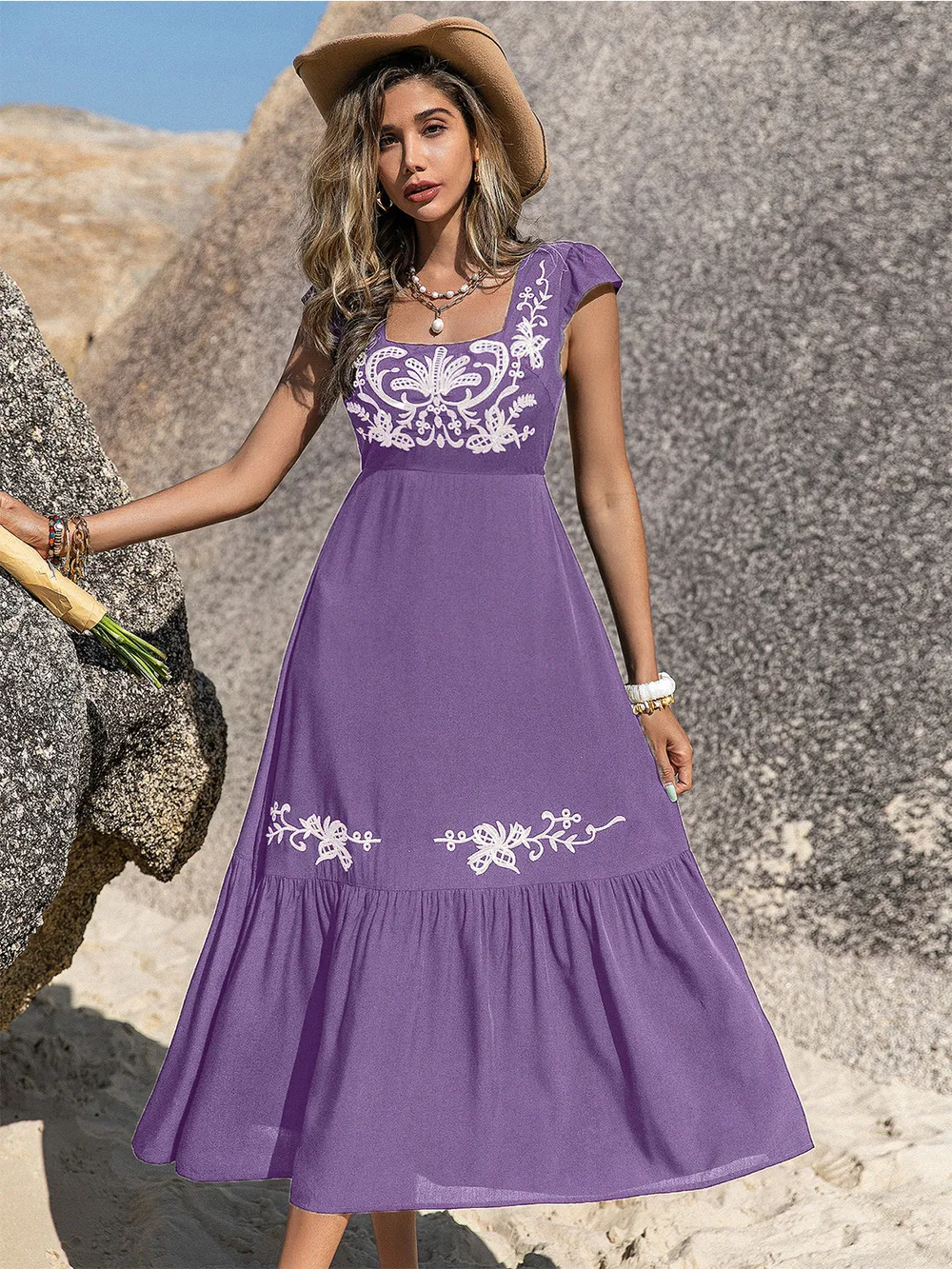Embroidered Square Neck Ruffle Hem Dress, image 13